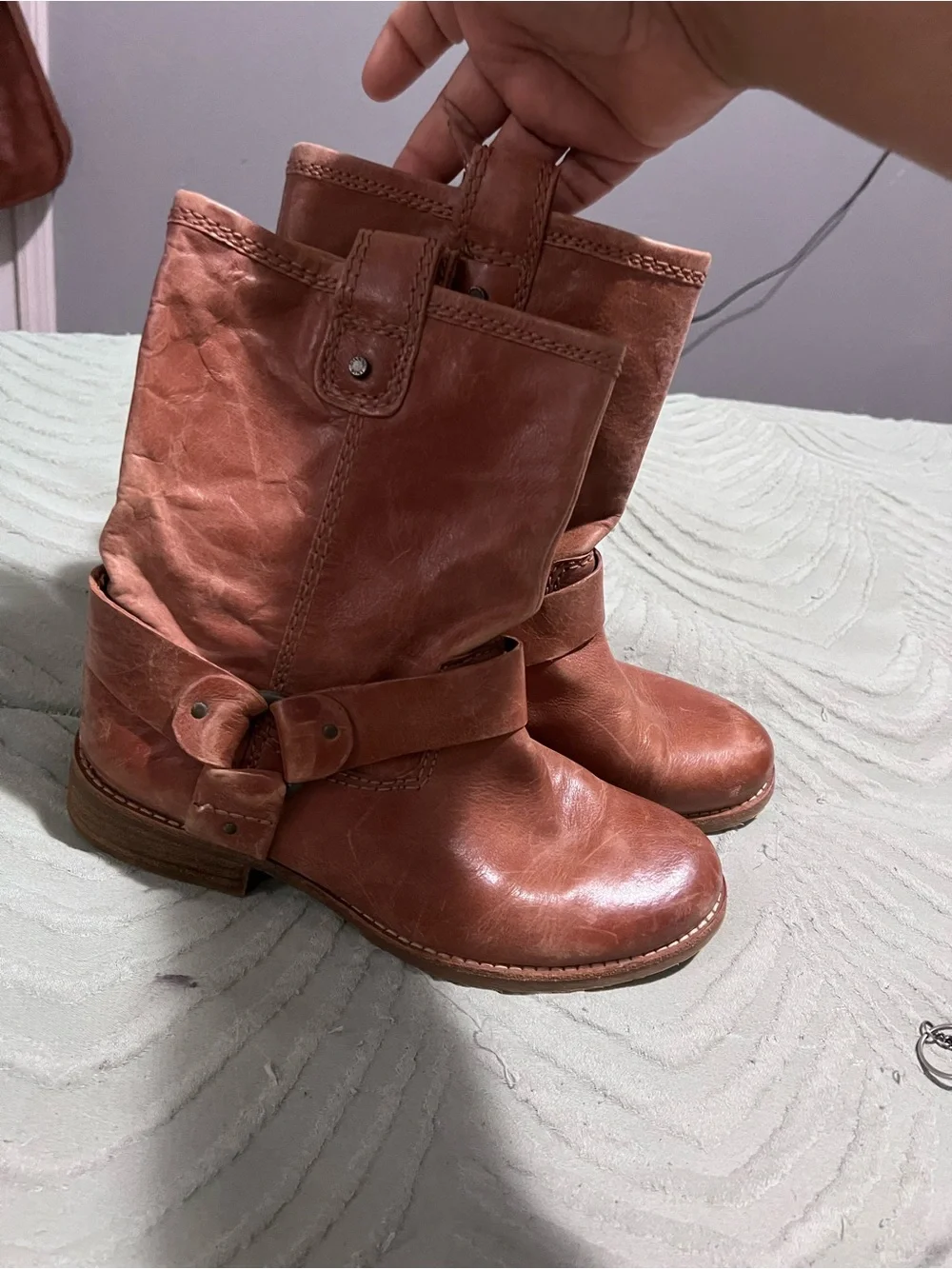 Gianni Bini Cognac Brown Leather Harness Ankle Boots